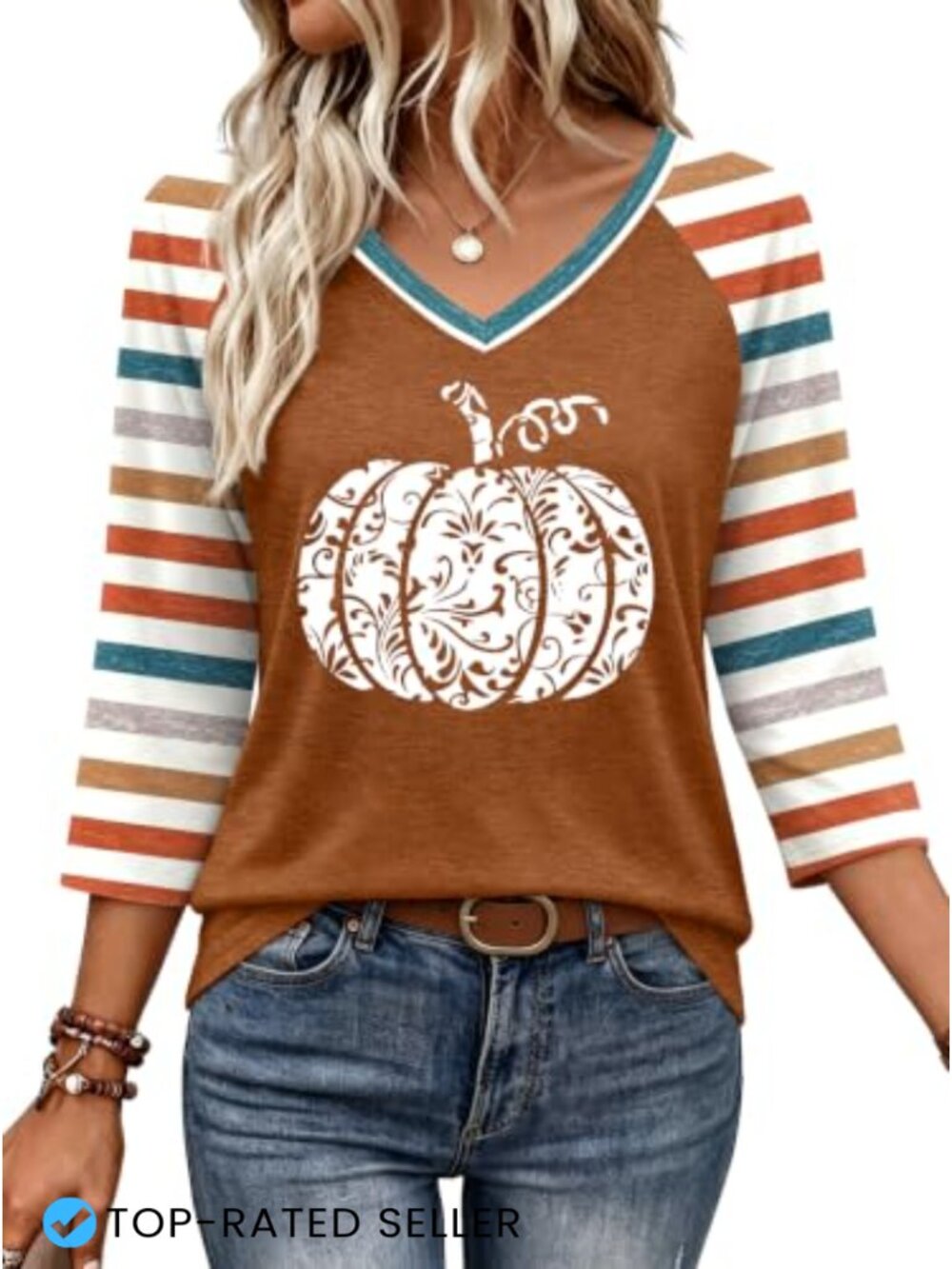 Women's 3/4 Sleeve V-Neck Halloween Tee Leopard Pumpkin Print